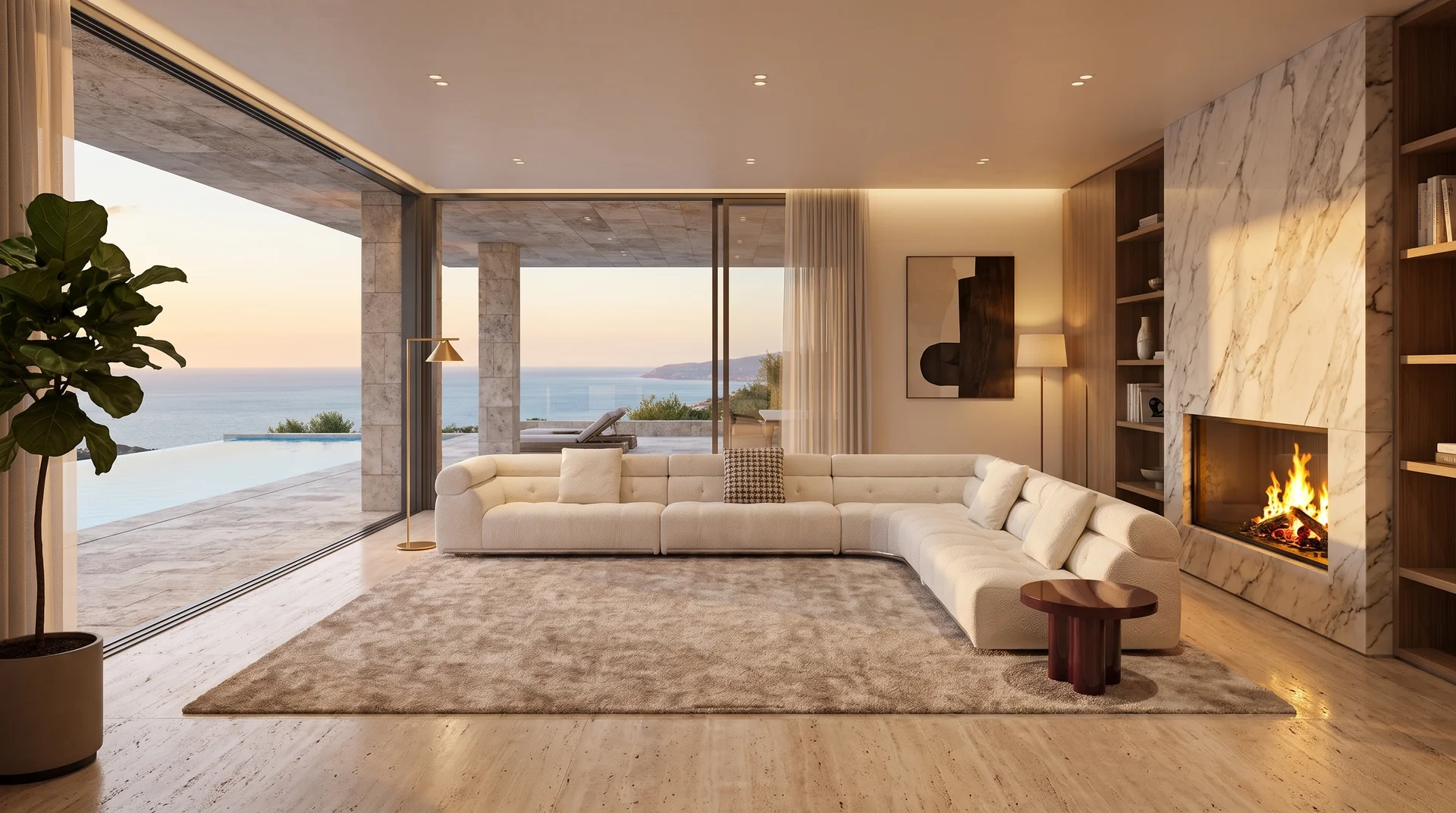A minimal living space with a low sofa and natural stone finishes